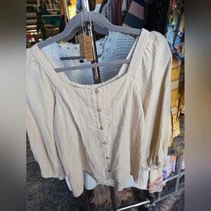 Copper Key Buffalo Sleeve Button Up Cropped Gauze Linen Blouse Womens M